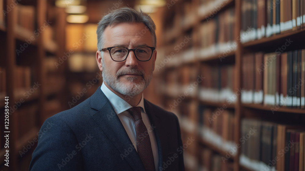 A successful-looking middle-aged man in a navy suit and dark red tie, standing against a blurred backdrop of shelves filled with professional books, A successful-looking middle-aged man in a navy suit and dark red tie, standing against a blurred backdrop of shelves filled with professional books,