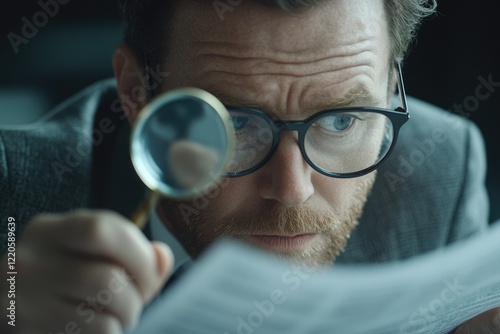 A man with glasses meticulously examines a document using a magnifying glass, his focused expression revealing intense concentration. photo