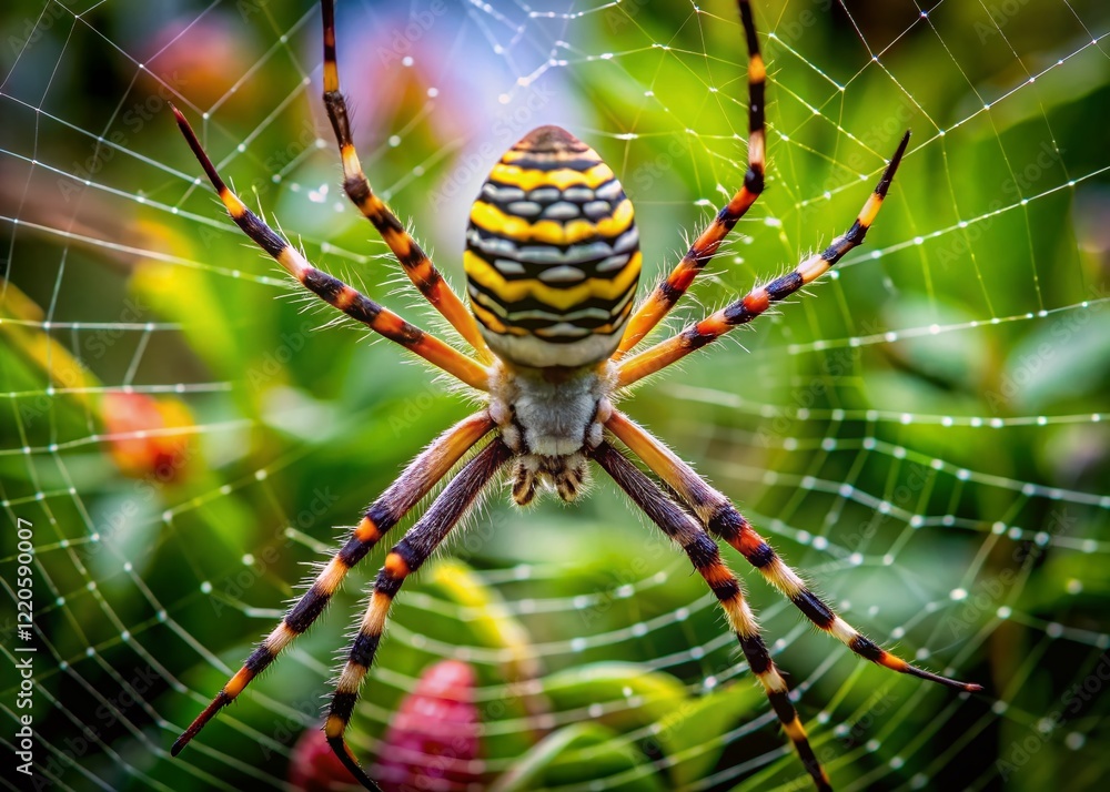 Aerial View of Argiope Spider in Web, Hunting Insect Prey Aerial View of Argiope Spider in Web, Hunting Insect Prey