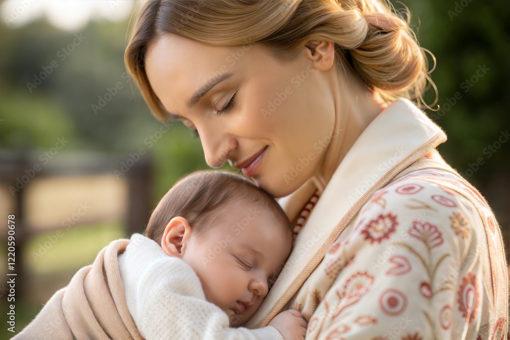 Mother holding her sleeping baby with a peaceful expression in a natural setting Mother holding her sleeping baby with a peaceful expression in a natural setting