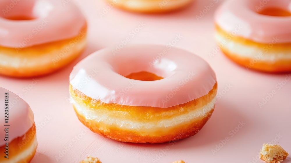 Delicious pink frosted donuts on a pastel pink background. Delicious gourmet snack. Delicious pink frosted donuts on a pastel pink background. Delicious gourmet snack.