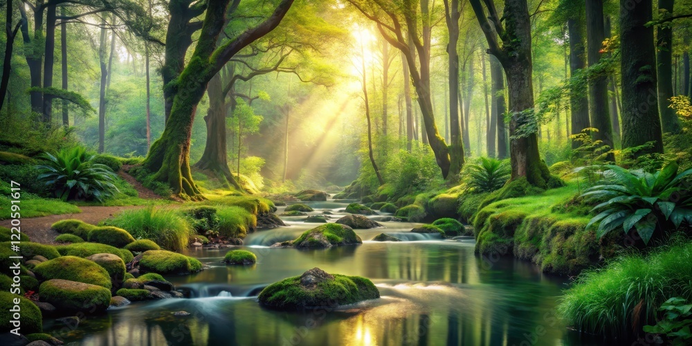 Soothing forest landscape with a gentle stream and soft lighting, greenery, natural, greenery, natural, self-care Soothing forest landscape with a gentle stream and soft lighting, greenery, natural, greenery, natural, self-care
