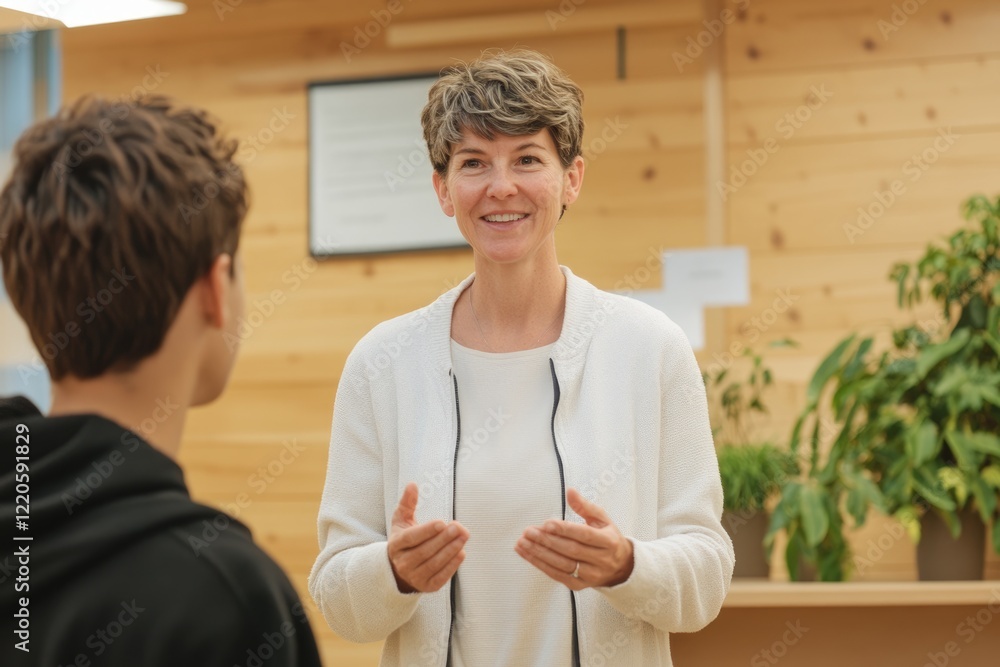 Obraz premium A woman with short hair smiles and gestures while talking to a young person in a light-wood room.
