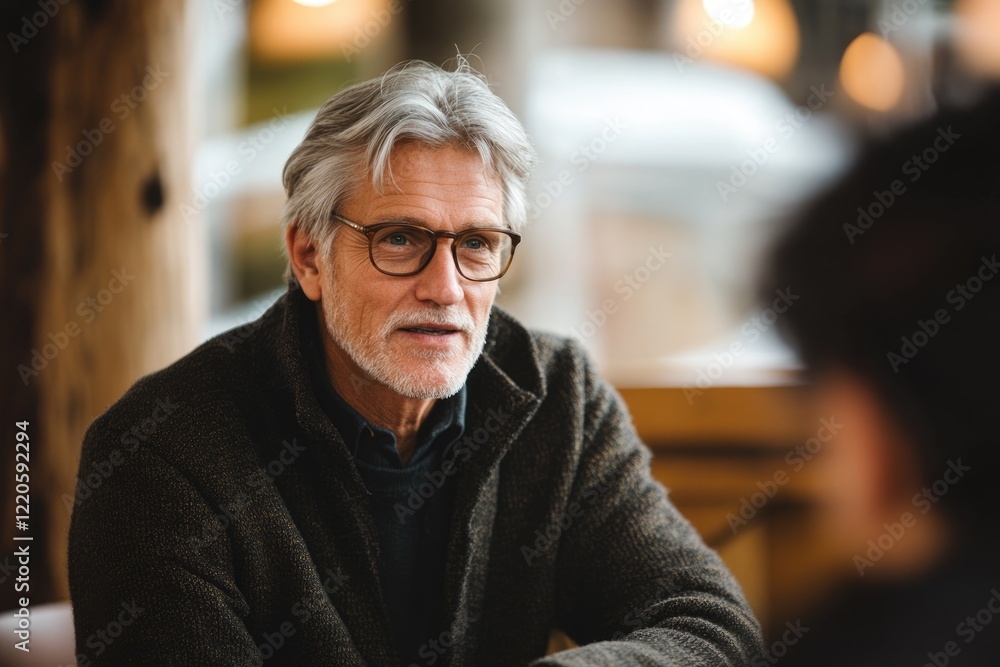 A thoughtful senior man with glasses, gray hair, and a beard, sits in a warm setting. A thoughtful senior man with glasses, gray hair, and a beard, sits in a warm setting.