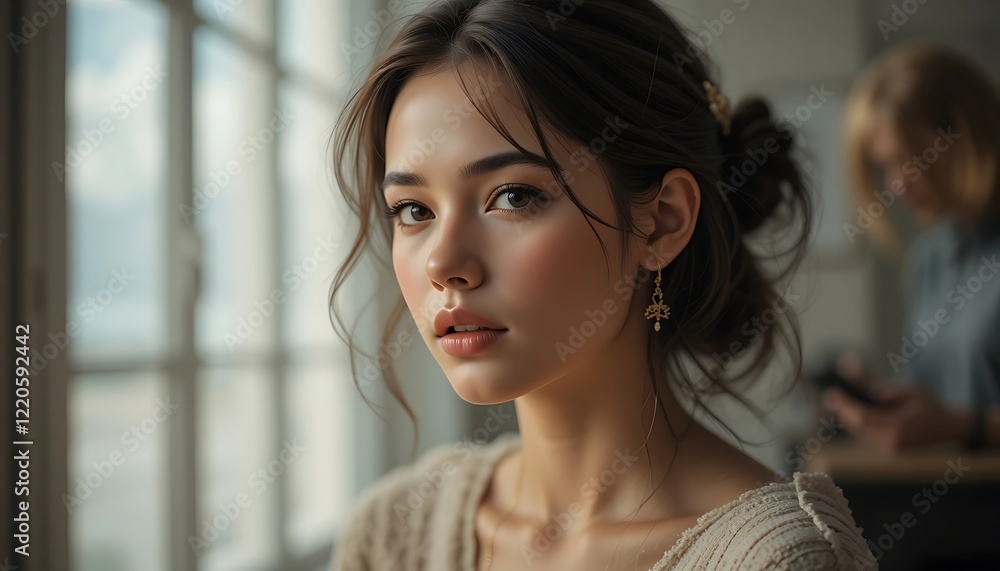 Portrait of a beautiful young woman with brown hair and elegant earrings, sitting near a window, soft lighting, delicate features, closeup shot Portrait of a beautiful young woman with brown hair and elegant earrings, sitting near a window, soft lighting, delicate features, closeup shot