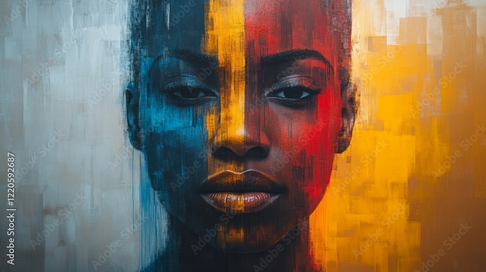 Striking portrait of a woman with a split face in vibrant blue yellow and red artistic color block painting on canvas Striking portrait of a woman with a split face in vibrant blue yellow and red artistic color block painting on canvas