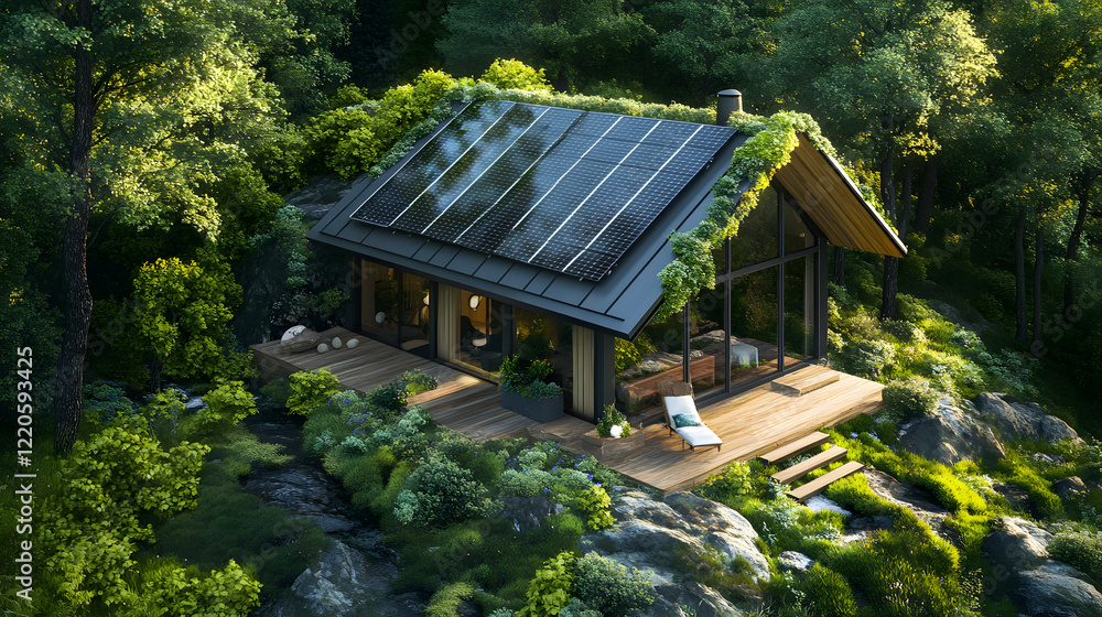 An eco-friendly cabin with solar panels on the roof, nestled in a secluded forest, perfect for sustainable living. An eco-friendly cabin with solar panels on the roof, nestled in a secluded forest, perfect for sustainable living.