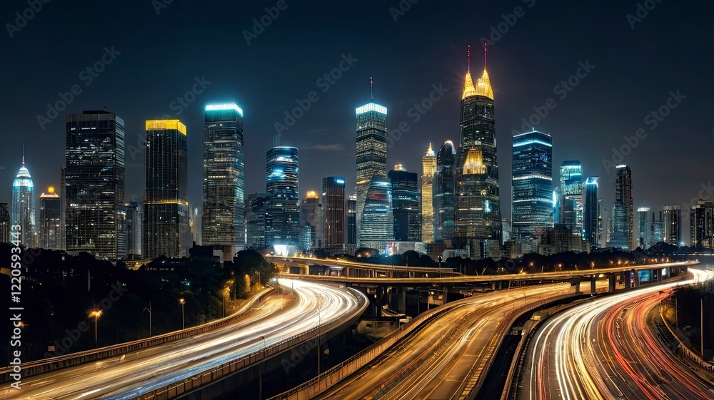 Obraz premium A panoramic view of a bustling metropolitan skyline at night, with skyscrapers glowing in warm yellow and blue lights. A busy highway with light trails from cars adds motion to the scene