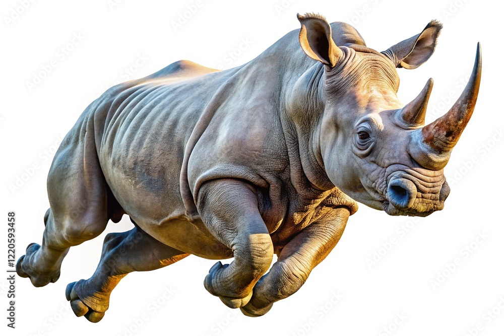 Obraz premium Rhinoceros leaping, sharp focus, extensive background detail, transparent PNG.
