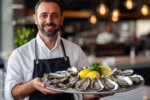 Chef holding plate of fresh oysters in restaurant. Fresh oysters on ice with lemon. Seafood restaurant in France photo