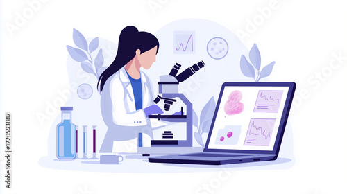 A woman scientist examines a sample through a microscope, with a laptop beside her showing analysis results. The background is softly blurred with lab details.
