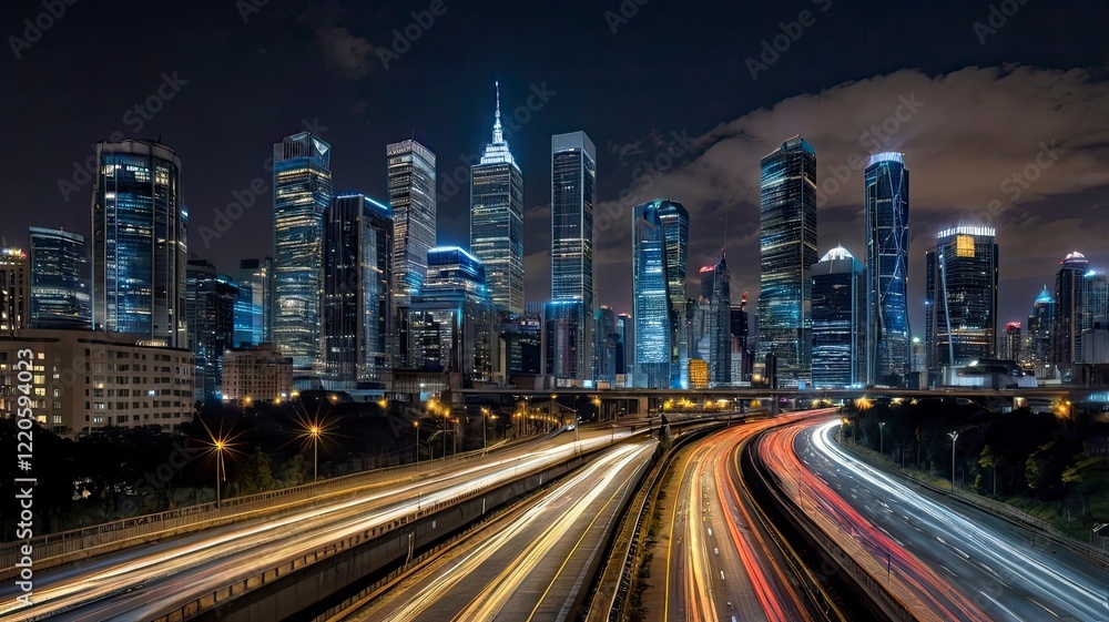 A panoramic view of a bustling metropolitan skyline at night, with skyscrapers glowing in warm yellow and blue lights. A busy highway with light trails from cars adds motion to the scene A panoramic view of a bustling metropolitan skyline at night, with skyscrapers glowing in warm yellow and blue lights. A busy highway with light trails from cars adds motion to the scene
