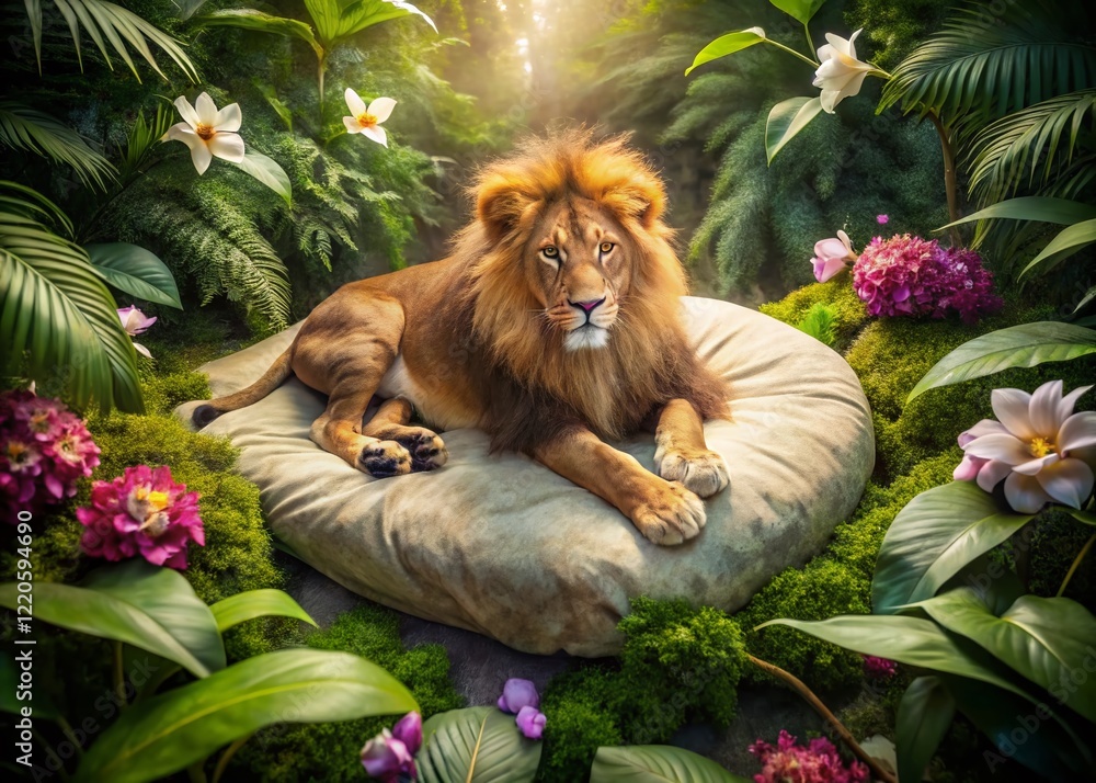 Obraz premium Aerial View of Lion Sleeping Pad Amidst Vibrant Orchids