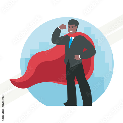 An African-American businessman dressed as a superhero symbolizing strength and leadership