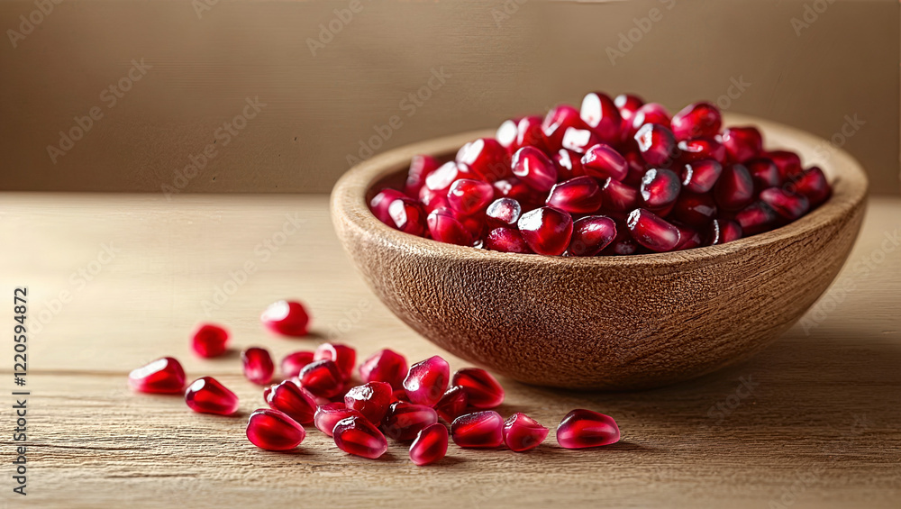 Fresh organic Juicy Red Pomegranate seeds in a Wooden Bowl on a light wood Table. Close-up Food or Cooking Ingredient Background Fresh organic Juicy Red Pomegranate seeds in a Wooden Bowl on a light wood Table. Close-up Food or Cooking Ingredient Background