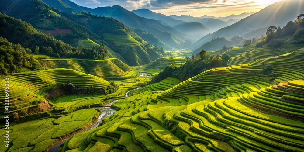 Obraz premium Aerial View of Lush Green Rice Terraces, Sapa Vietnam & Paro Valley, Bhutan - Drone Photography