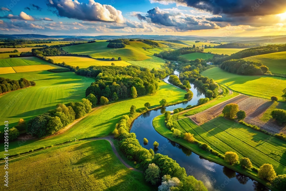 Fototapeta premium Aerial View of Lush Summer Landscape: Rolling Hills, Green Fields, and Blue Sky