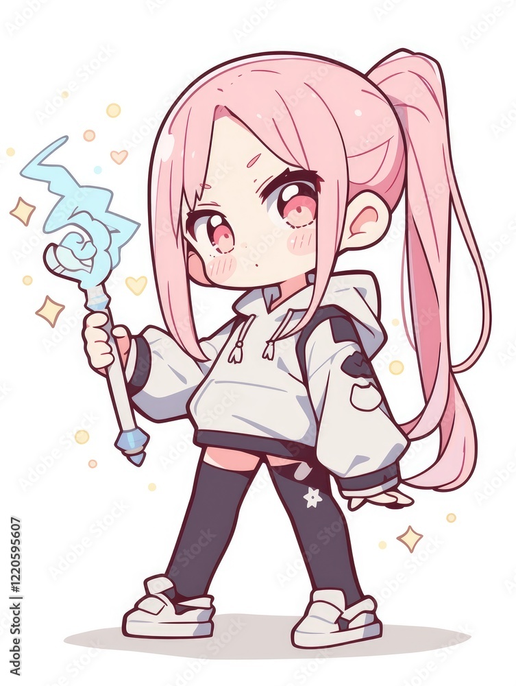 Cute Anime Girl With Pink Hair Holds Magical Wand Cute Anime Girl With Pink Hair Holds Magical Wand
