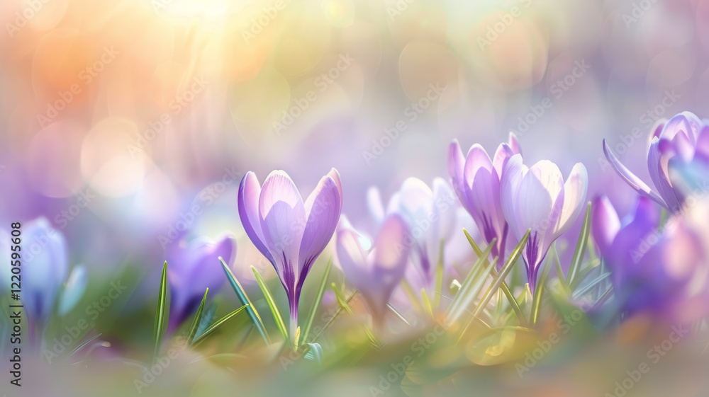 Fototapeta premium Purple crocuses in full bloom. Spring flowers in the garden. Defocused image, bokeh background.