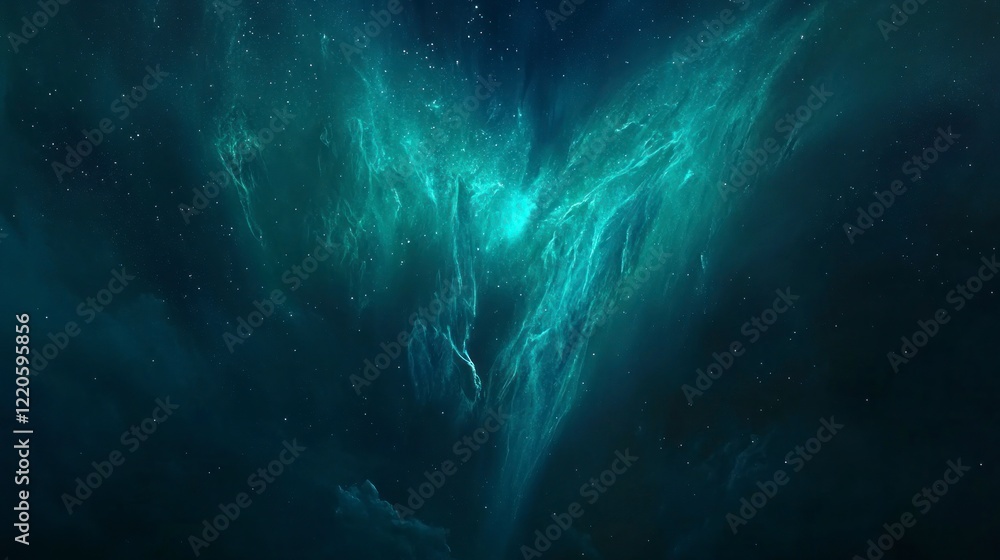 Obraz premium A beautiful northern lights sky with stars. The color of the aurora is blue-green, and it has an ethereal glow that reflects off the dark night sky.