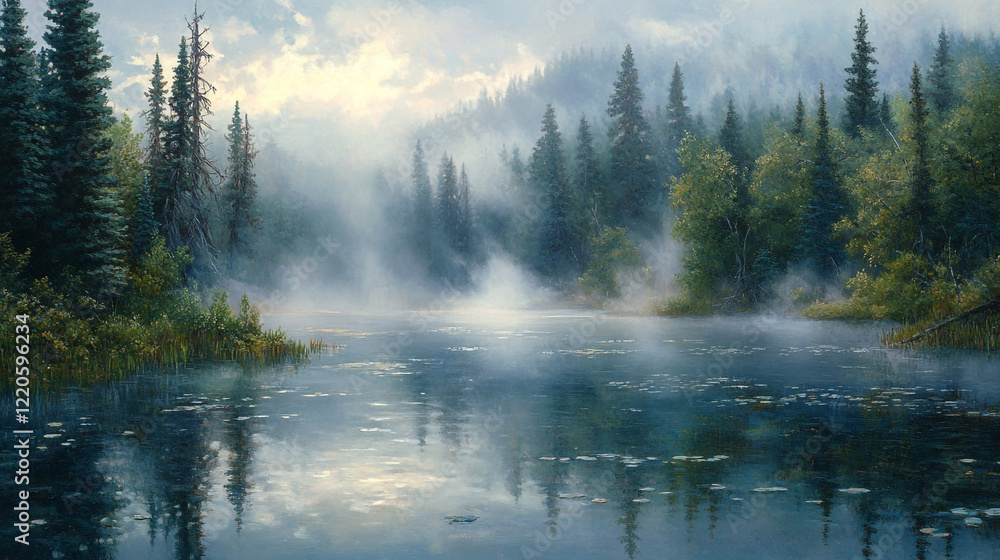 Serene Misty Morning Lake Tranquil Forest Peaceful Nature Landscape Scene Calm Water Reflections Fog Serene Misty Morning Lake Tranquil Forest Peaceful Nature Landscape Scene Calm Water Reflections Fog