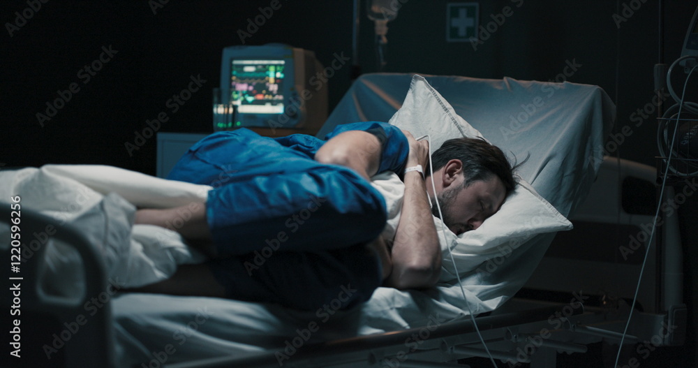 Fototapeta premium Tired patient in hospital bed can't sleeps.