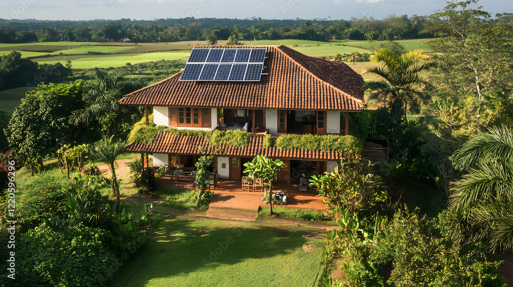 Fototapeta premium An eco-friendly farmhouse with solar panels and wind turbines, located in a serene valley surrounded by lush forests and vibrant greenery.