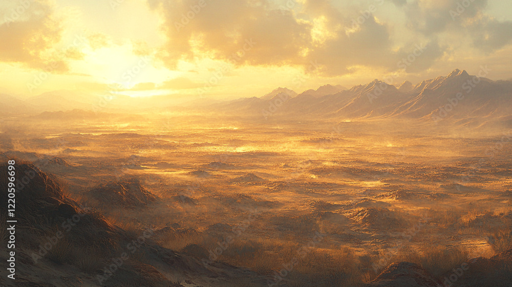 Golden Hour Desert Landscape Panoramic View Dramatic Mountains Sunrise Scenery sky sand dust wind   