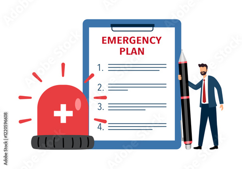 Business emergency plan concept vector illustration. Businessman standing with a list of emergency plan document in flat design on white background.