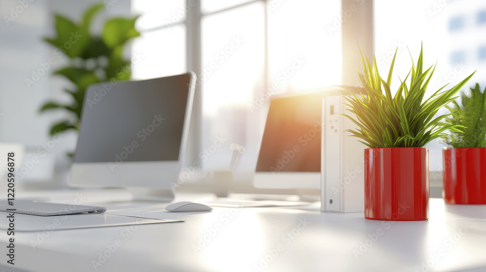 Fototapeta premium Bright and minimal office workspace with plants and modern computers
