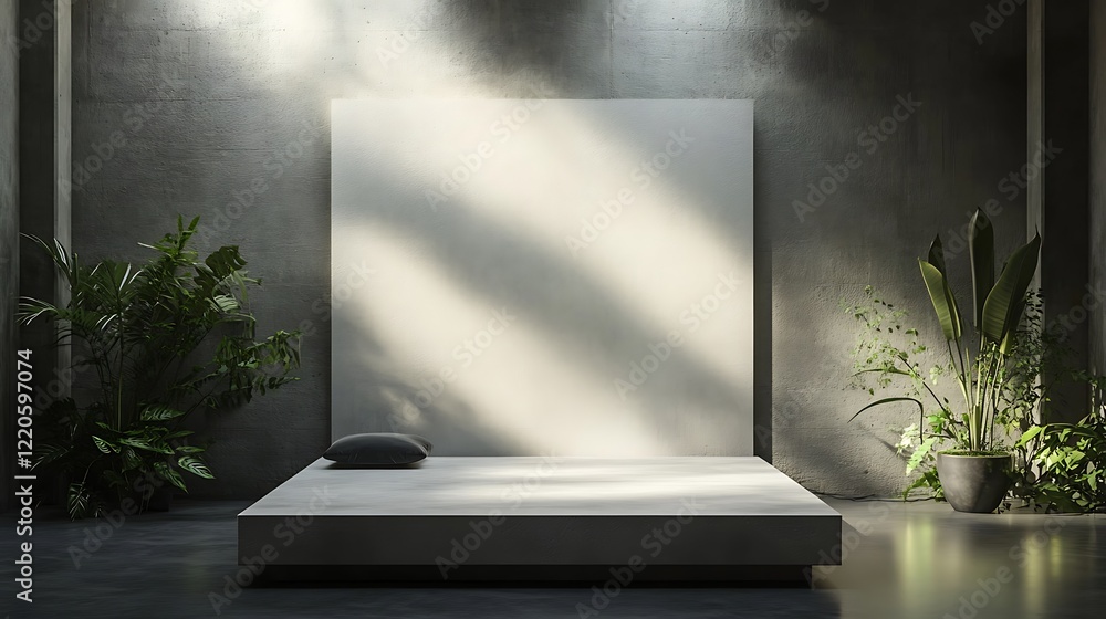 Obraz premium Blank square platform with plants on a grey studio floor