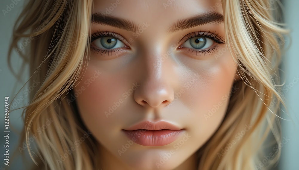 Close-up portrait of a beautiful young woman with long blonde hair and captivating light blue eyes, soft makeup, and flawless skin. Close-up portrait of a beautiful young woman with long blonde hair and captivating light blue eyes, soft makeup, and flawless skin.
