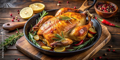 Sizzling baked whole chicken on a sizzling pan with aromatic spices and herbs, creating a savory aroma in a kitchen setting, savory aroma, hot pan
