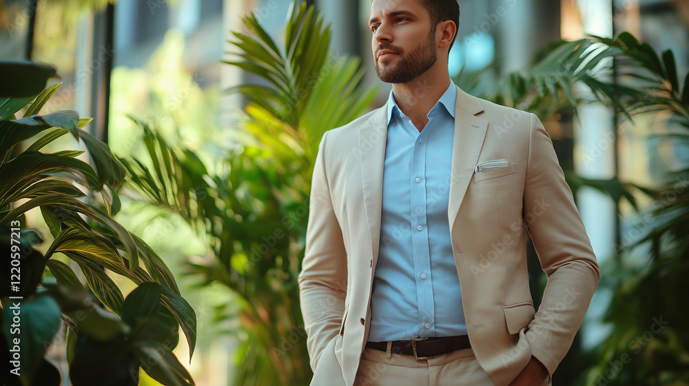A charismatic businessman in a slim-fit beige blazer and pastel blue shirt, standing against a softly blurred indoor coworking space with vibrant green plants A charismatic businessman in a slim-fit beige blazer and pastel blue shirt, standing against a softly blurred indoor coworking space with vibrant green plants
