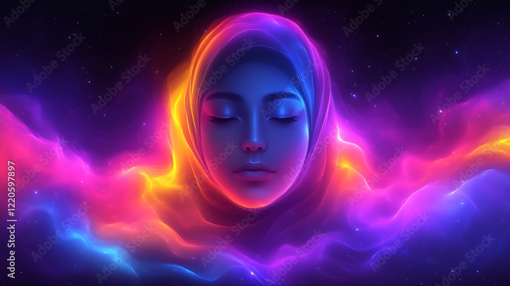 Fototapeta premium Serene Woman Enveloped in Cosmic Nebula