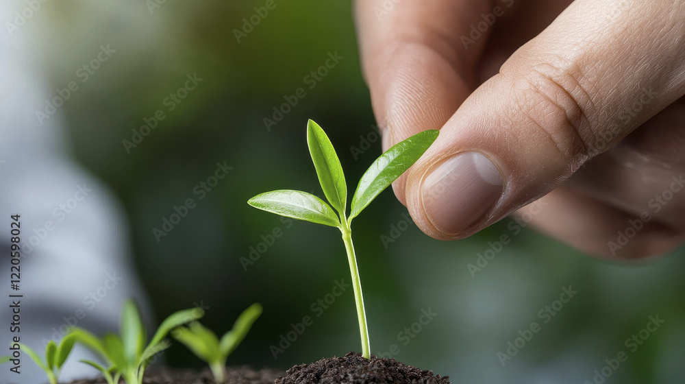 Nurturing young plant, hand gently supports its growth in rich soil Nurturing young plant, hand gently supports its growth in rich soil
