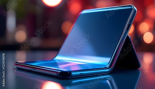 A close-up shot of a sleek, modern foldable phone with a glossy finish, placed on a reflective surface. The phone is partially folded, showcasing the crease in the middle of the screen. The phone's sc