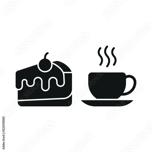 Coffee glass drink and cheesecake food icon illustrated in a vibrant and playful cartoon style, bursting with cheerful colors and dynamic details, ideal for casual dining, fun branding, and creative d