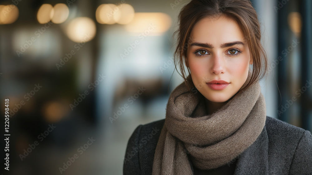 A professional-looking woman in a charcoal gray blazer with a silk scarf, standing in front of a blurred office background with a modern A professional-looking woman in a charcoal gray blazer with a silk scarf, standing in front of a blurred office background with a modern