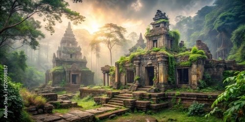Ancient temple ruins with overgrown vegetation and misty atmosphere on a weathered wooden background, weathered, ruins