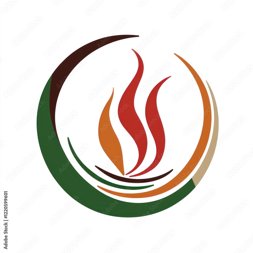 A stylized flame inside a circular design with brown, orange, and green colors A stylized flame inside a circular design with brown, orange, and green colors