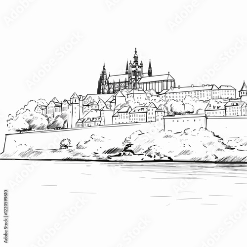 Prague castle hand-drawn comic illustration. Prague castle. Vector doodle style cartoon illustration