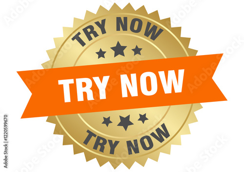 try now. try now round orange and gold label isolated on transparent background