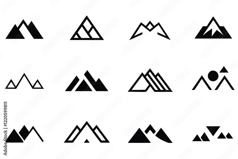 A collection of nine stylized mountain icons, perfect for logos, branding, web design, or graphic elements