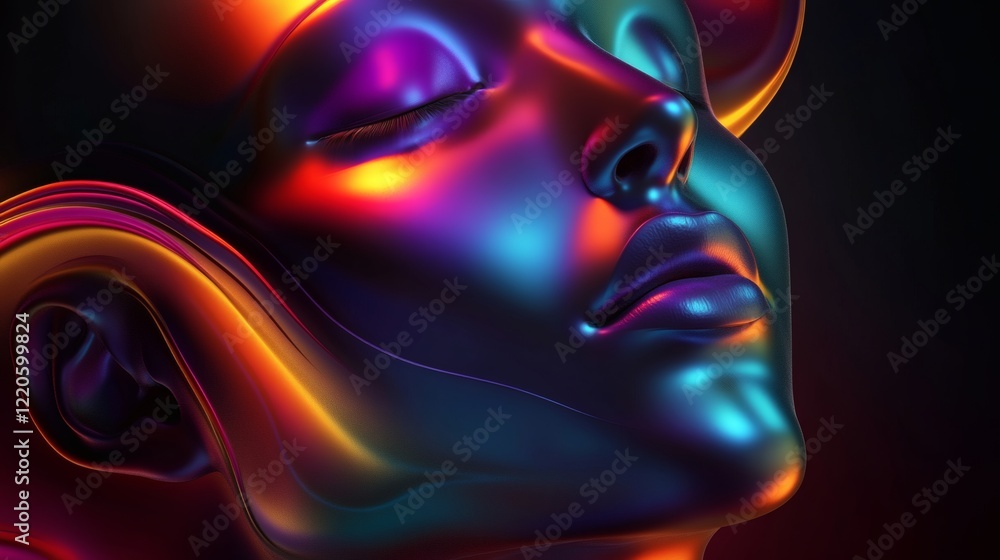 Iridescent Female Face Abstract 3D Render of a Woman's Face with Vibrant, Multicolored Metallic Iridescent Female Face Abstract 3D Render of a Woman's Face with Vibrant, Multicolored Metallic