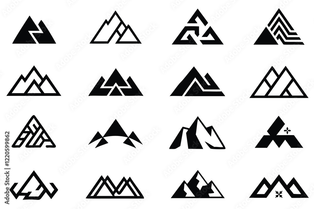 A set of twelve unique, abstract mountain logos A set of twelve unique, abstract mountain logos