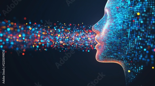 A digital representation of a face, composed of colorful particles, exhaling a cloud of data, symbolizing technology and communication.