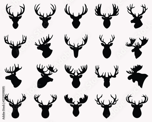 A collection of black silhouette images of deer and moose heads, featuring various antler styles