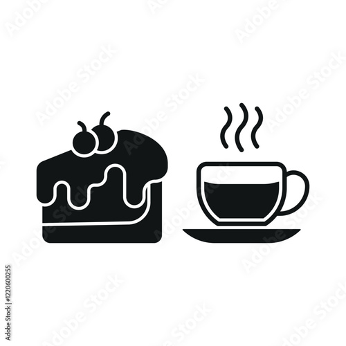 Coffee glass drink and cheesecake food icon illustrated in a vibrant and playful cartoon style, bursting with cheerful colors and dynamic details, ideal for casual dining, fun branding, and creative d
