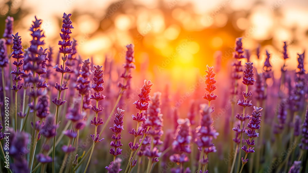 Obraz premium Picturesque vibrant field of lavender under golden sunlight, wonderful dreamy purple floral closeup at sunset. Amazing summer nature blur background. Beauty of nature and tranquility